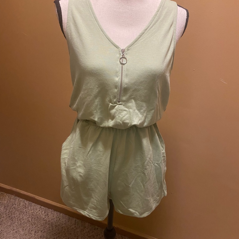 Ambiance light green romper elastic waist one piece shorts racer back sz M